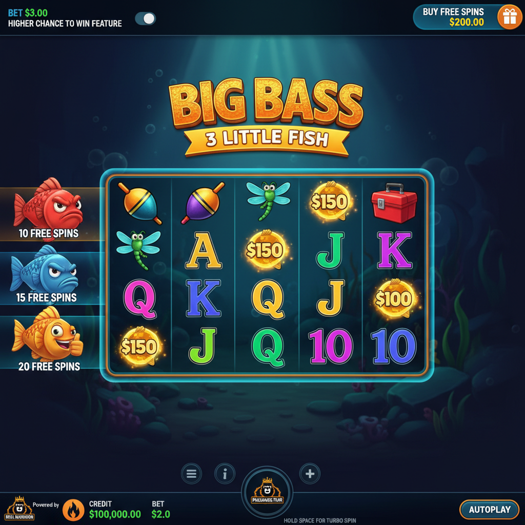 Big Bass 3 Little Fish Jackpot Bonanza slot με ψαρά, υποβρύχια σκηνή, τρία χρωματιστά ψάρια και Money symbols