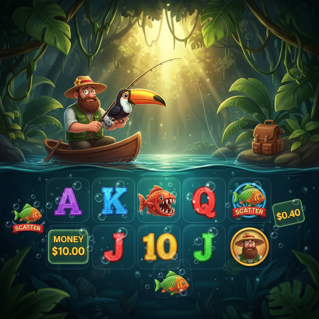 Big Bass Amazon Xtreme slot με ψαρά σε κανό στον Αμαζόνιο, τουκάν, πιράνχα και εξωτικά ψάρια money symbols