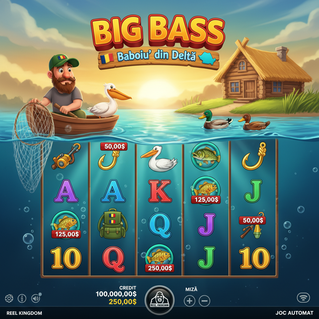 Big Bass Baboiu' din Delta slot με ψαράδες στο Δέλτα Δούναβη, πελαργός, ψάρια με χρηματικά σύμβολα και περιστρεφόμενες θέσεις με θέμα το ψάρεμα