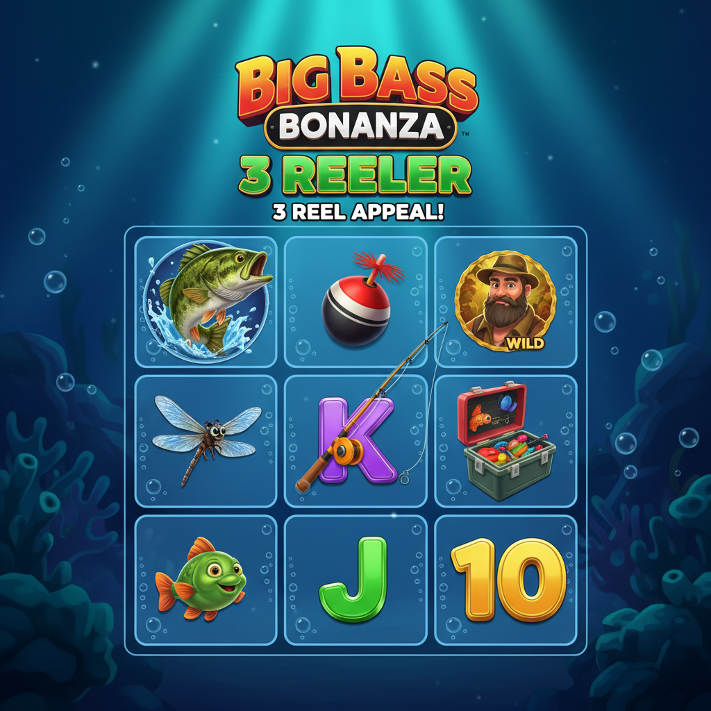 Big Bass Bonanza 3 Reeler slot με underwater θέμα, bass ψάρι, fishing rod, dragonfly και money fish σύμβολα σε 3x3 reels