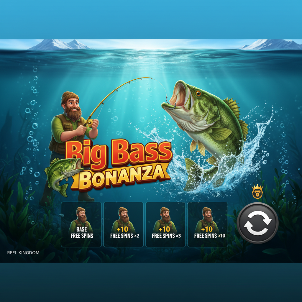 Big Bass Bonanza φρουτάκι με ψαρά να κρατά καλάμι ψαρέματος και τεράστιο λαβράκι να πηδά από το νερό, υποβρύχιο θέμα με φούσκες και πράσινα φύκια