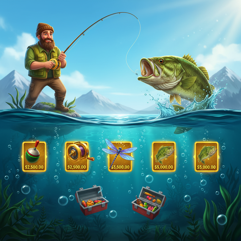 Big Bass Bonanza slot με ψαρά, μπάσο που πηδάει, υποβρύχιο περιβάλλον με 5 κύλινδρους και σύμβολα ψαρέματος