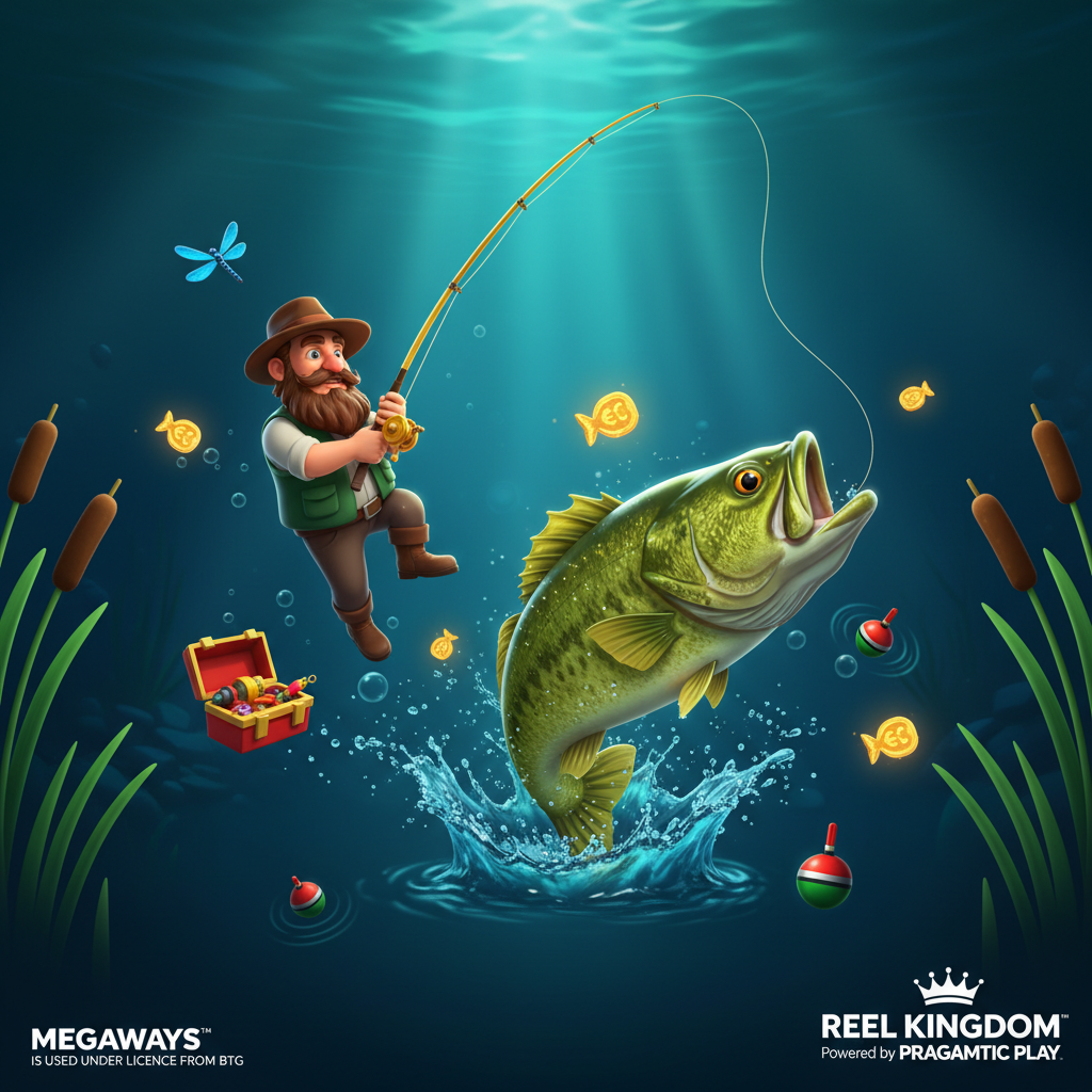 Big Bass Bonanza Megaways - ψαράς με ψαράδι και πράσινο λαβράκι που πηδά από το νερό, υποβρύχιο σκηνικό με κουνουπίδες και εξοπλισμό ψαρέματος
