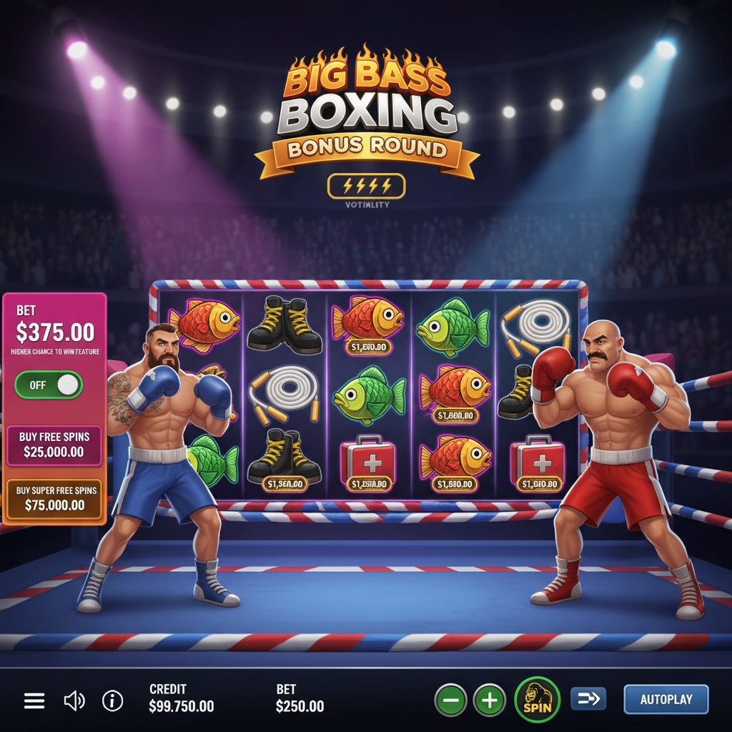 Big Bass Boxing Bonus Round slot με μπλε και κόκκινο μποξέρ, ψάρια money symbols, και boxing ring με 5x3 τροχούς στο φόντο αρένας