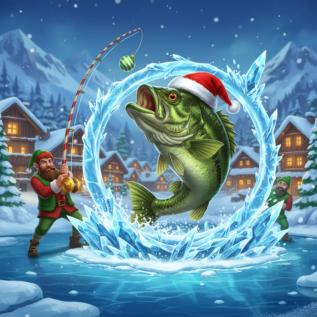 Big Bass Christmas Bash slot με ψαρά σε χριστουγεννιάτικη στολή, πράσινο bass ψάρι με σκούφο Άγιου Βασίλη και χιονισμένο χωριό στο φόντο