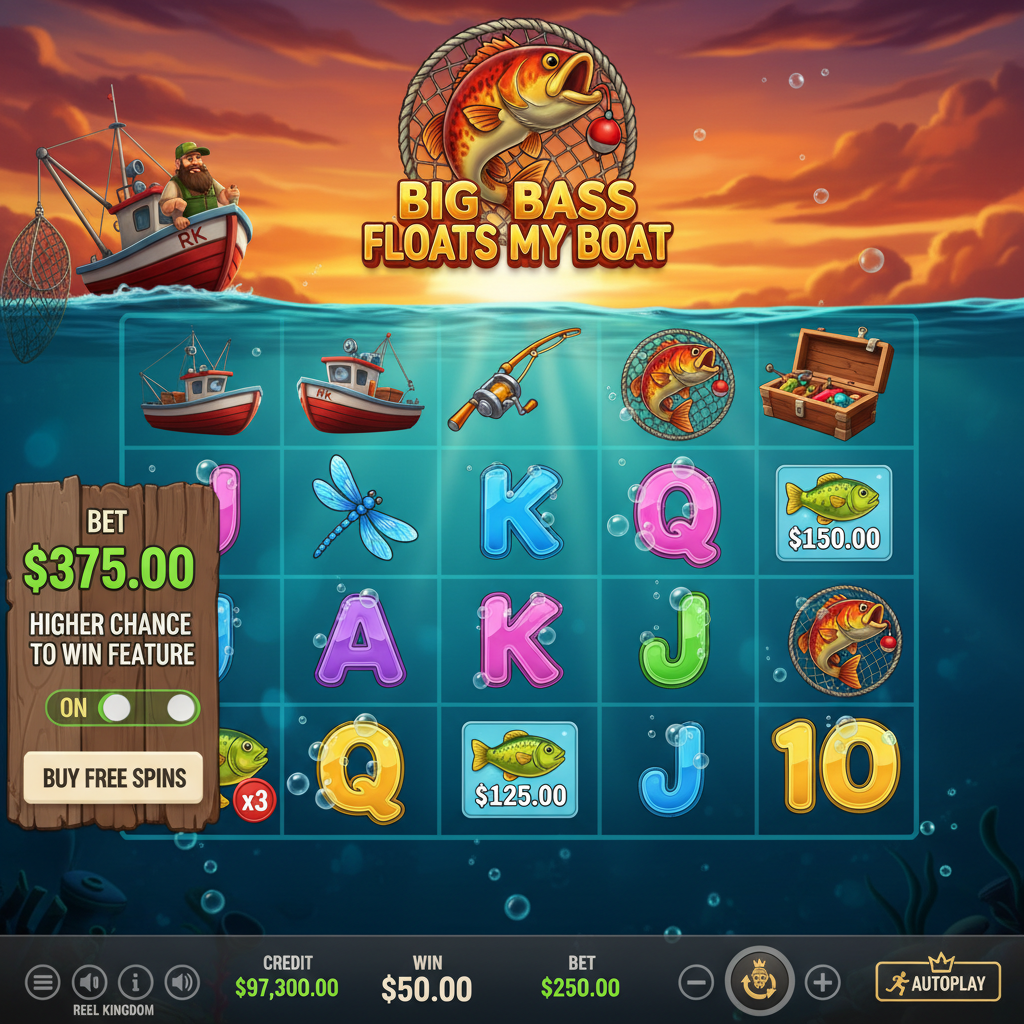 Big Bass Floats My Boat κουλοχέρης με ψαρόβαρκα, πηδώντας μπάσο, υποβρύχια σκηνή ηλιοβασιλέματος, scatter σύμβολα και δωρεάν περιστροφές