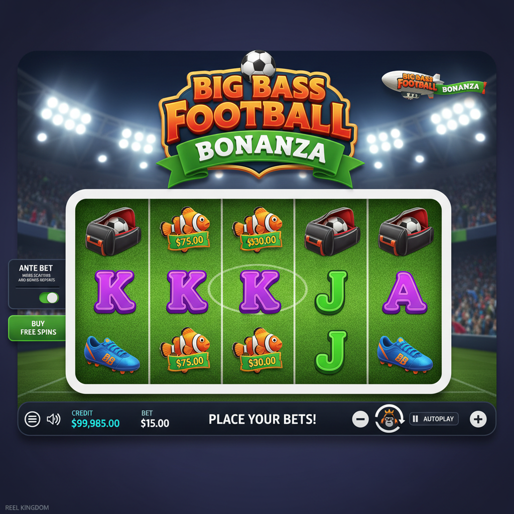 Big Bass Football Bonanza φρουτάκι με γήπεδο ποδοσφαίρου, ψάρια χρημάτων, wild παίκτες και scatter σύμβολα στους κυλίνδρους