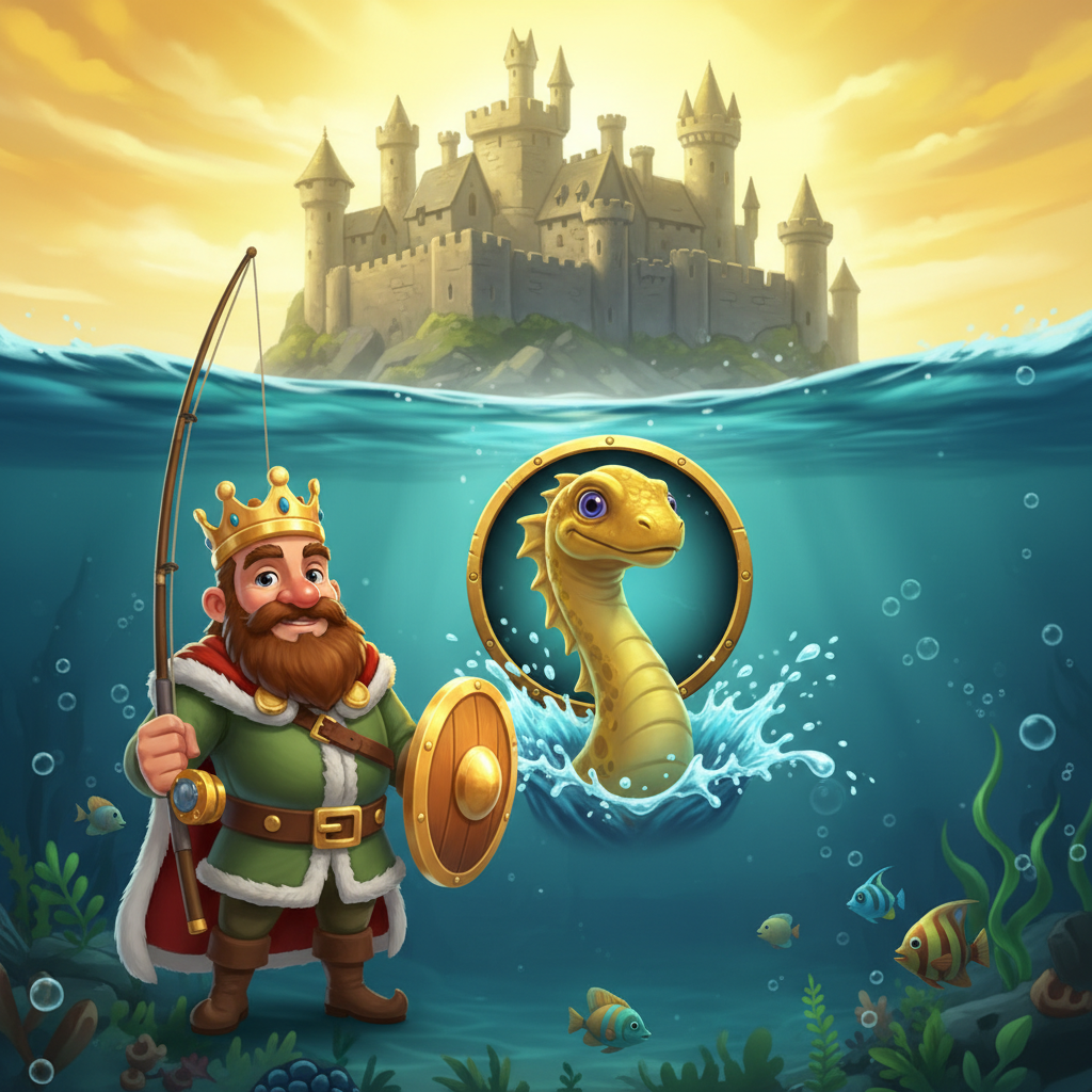 Big Bass and the Gold Ness Monster slot - κινούμενο σχέδιο ψαράς βασιλιάς με χρυσό στέμμα, τέρας του Λοχ Νες χρυσό, υποβρύχιο σκηνικό με μεσαιωνικό κάστρο, σύμβολα scatter και wild