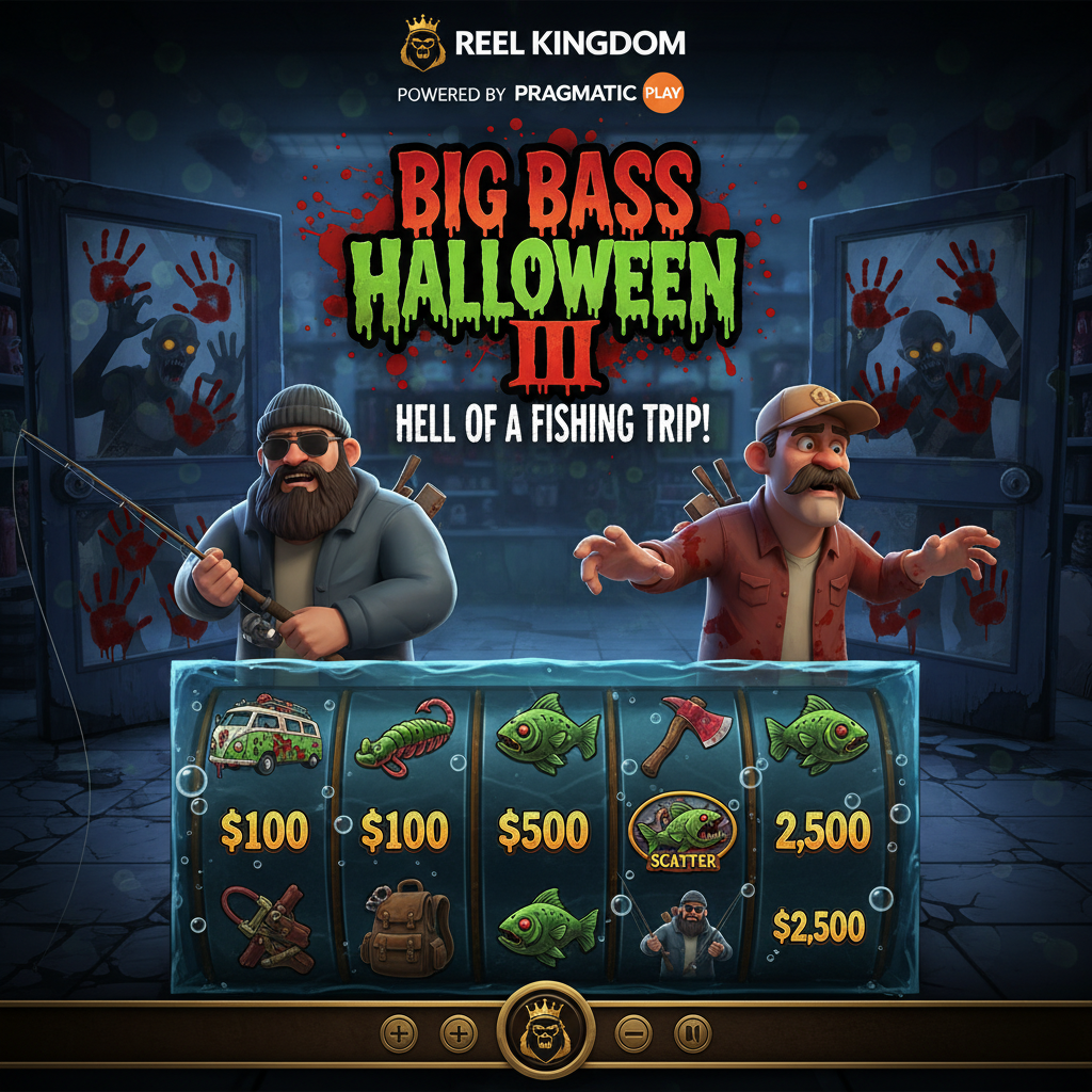 Big Bass Halloween III φρουτάκι με zombie ψαράδες, νεκρά ψάρια money symbols και φρικιαστικό κατάστημα ψαρέματος με ματωμένα χέρια