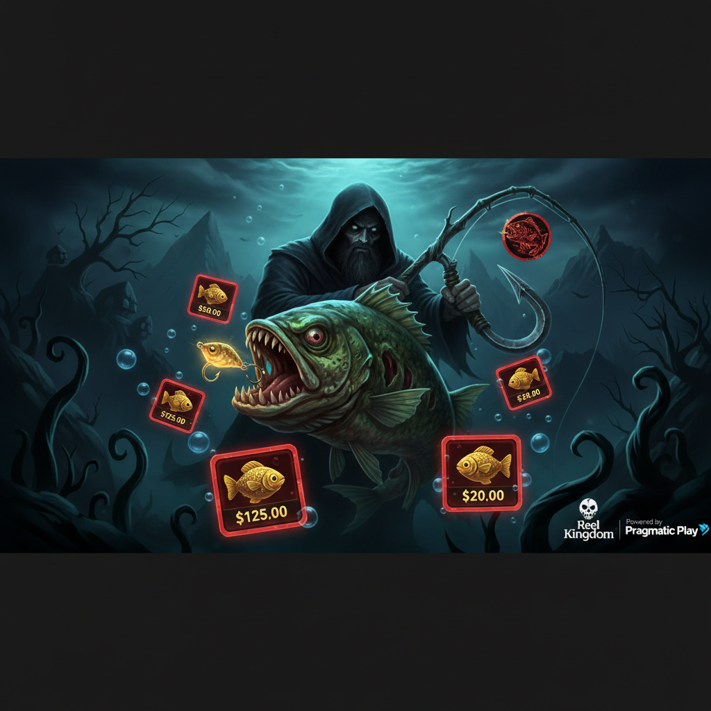 Big Bass Halloween κουλοχέρης με zombie bass ψάρια, σκοτεινό υποβρύχιο περιβάλλον Halloween, ψαράς με κουκούλα και χρυσά ψάρια με cash prizes