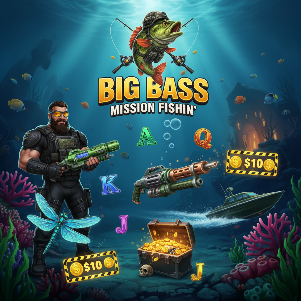 Big Bass Mission Fishin' υποβρύχιο ψάρεμα με τακτικό εξοπλισμό, πράσινο γουλιανό με scatter σύμβολα και ψαράς με στρατιωτική φόρμα