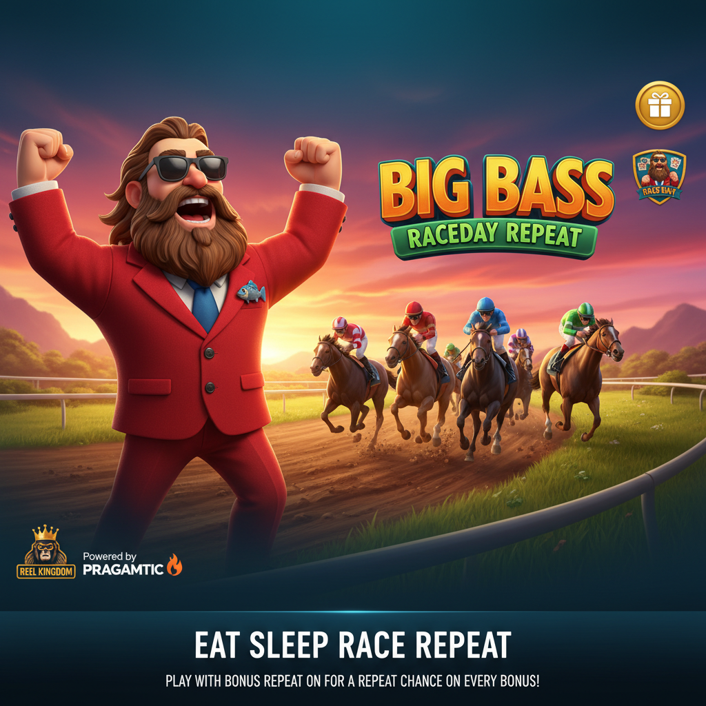 Big Bass Raceday Repeat slot με άντρα στο κόκκινο σακάκι, ιπποδρομίες και λογότυπο του παιχνιδιού σε ηλιοβασίλεμα