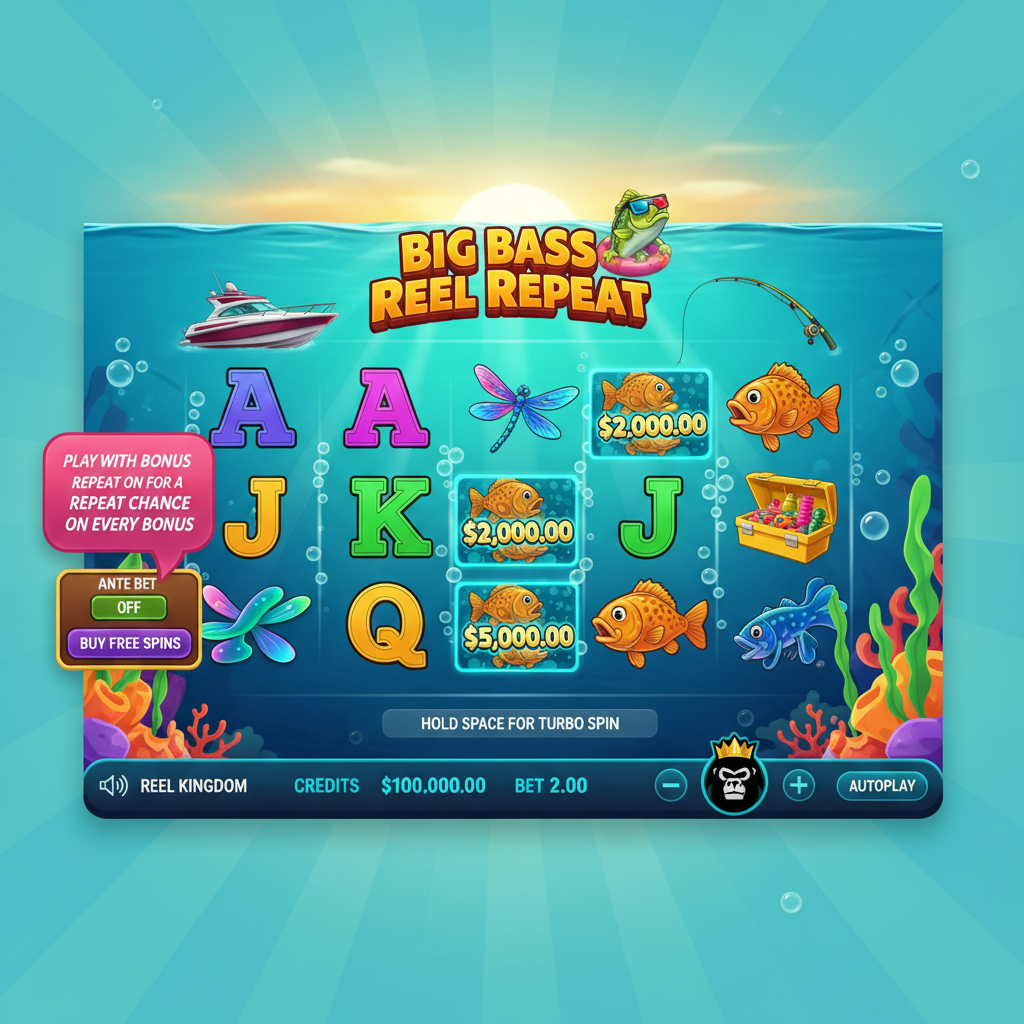 Big Bass Reel Repeat υποβρύχιο slot με ψαράδες, λαμπερά ψάρια, scatter σύμβολα και χρηματικές αξίες σε τυρκουάζ νερό