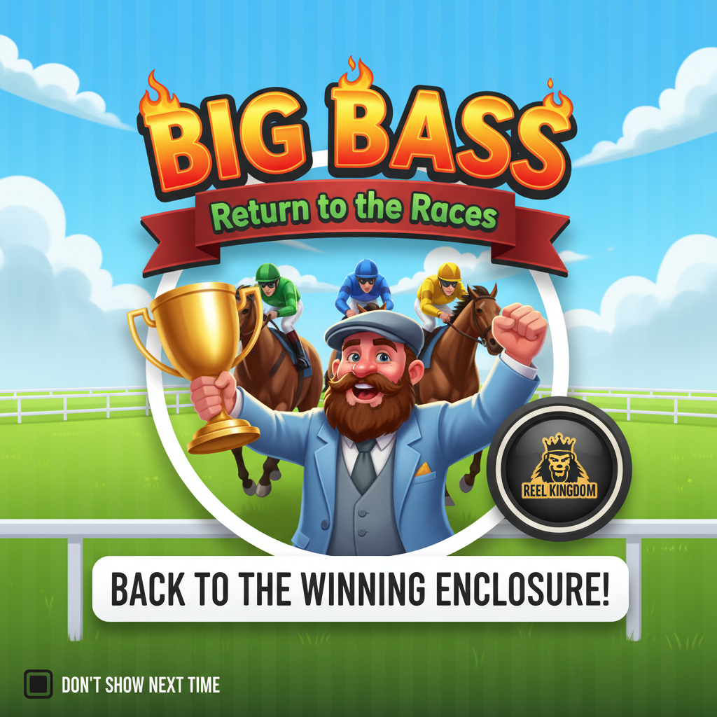 Big Bass Return to the Races φρουτάκι με χαρακτήρα να κρατά χρυσό κύπελλο, ιπποδρομία με αναβάτες αλόγων και σύμβολα scatter