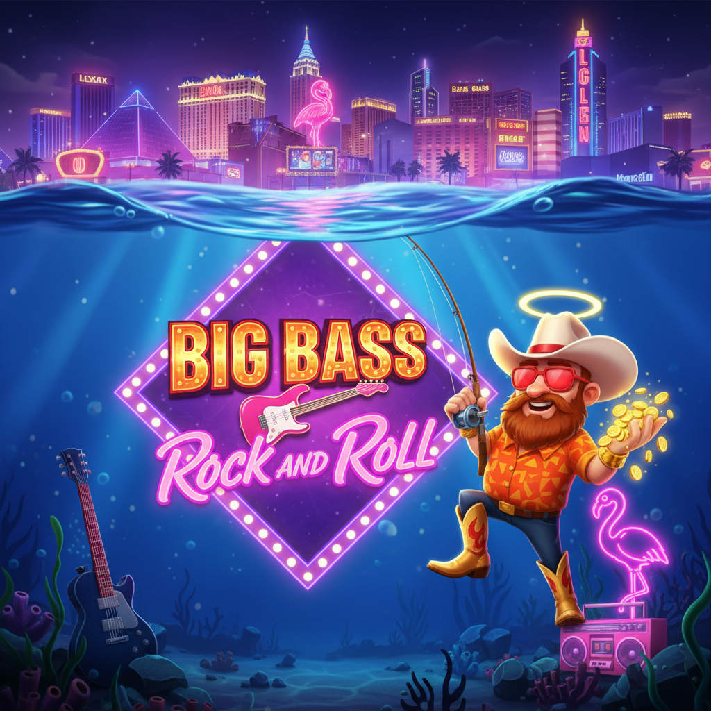 Big Bass Rock and Roll slot με ροκ ψαρά, ροζ Cadillac, φλαμίνγκο, κασέτες και υποβρύχια σκηνή Las Vegas με νέον φώτα