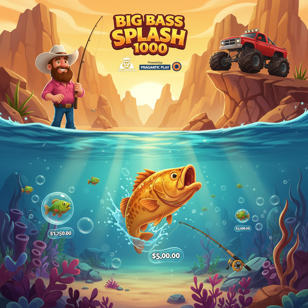 Big Bass Splash 1000 slot με ψαρά, φαράγγι canyon, υποβρύχια σκηνή, monster truck, ψάρια money symbols και wild συλλογή