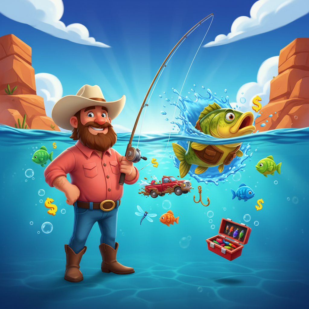 Big Bass Splash slot με ψαρά με καπέλο καουμπόη, μπάσα ψάρια με δολάρια και υποβρύχιο περιβάλλον