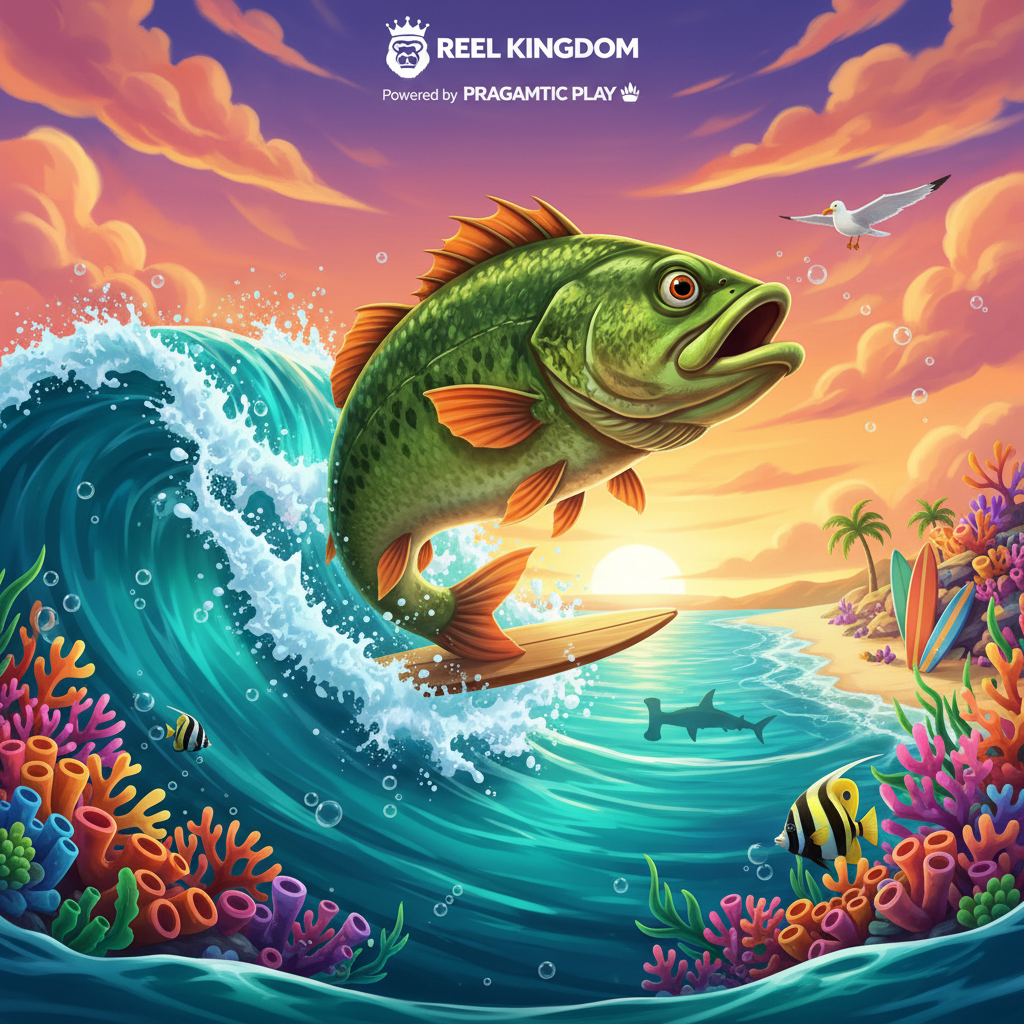 Big Bass Surf's Up κουλοχέρης με μεγάλο πράσινο λαβράκι που πηδάει πάνω από κύματα, υποβρύχιο θέμα με κοραλλιογενείς ύφαλους και ηλιοβασίλεμα