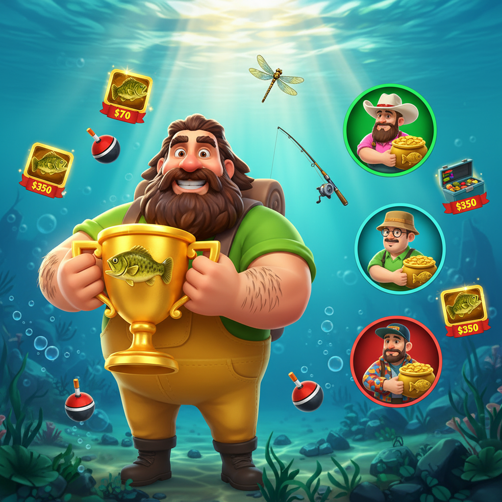 Big Bass Trophy Catch slot με ψαράδες, υποβρύχιο θέμα, money symbols με dollar values, και golden trophy cup