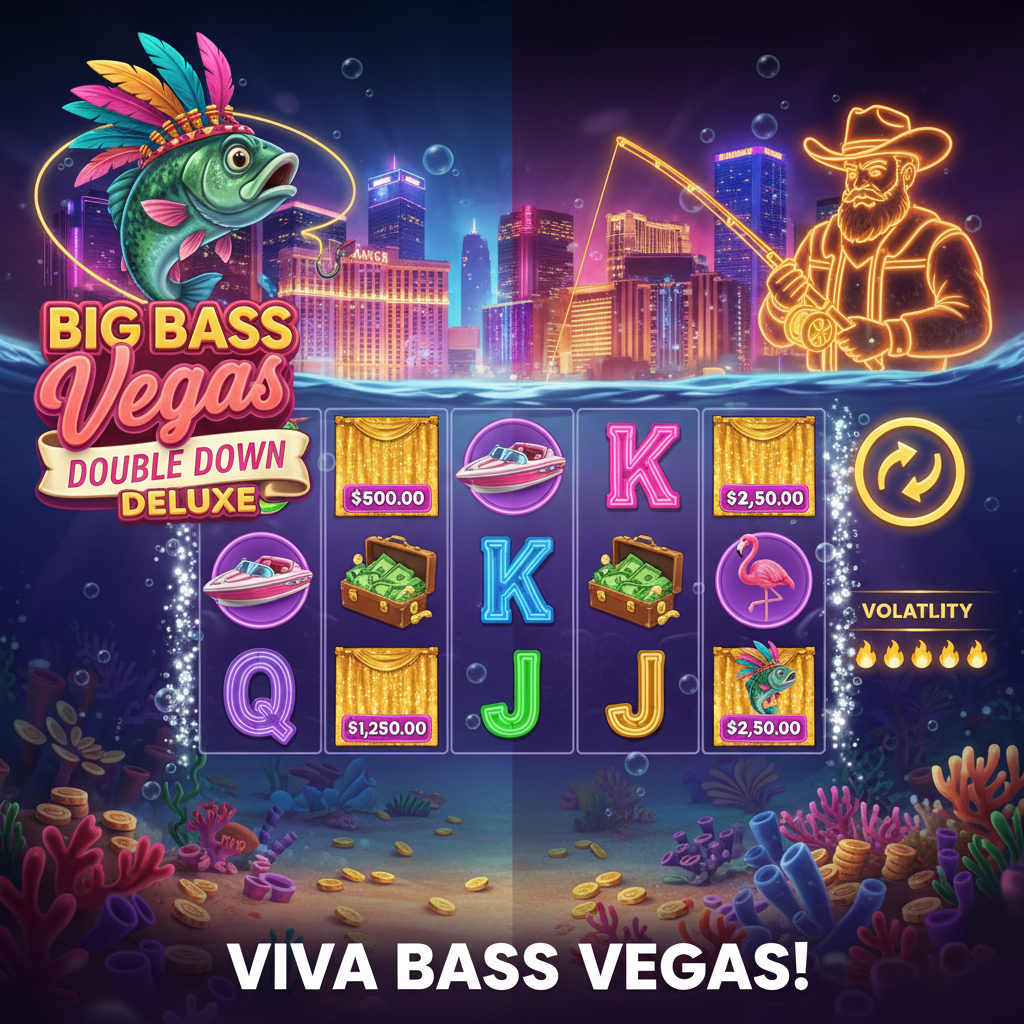 Big Bass Vegas Double Down Deluxe κουλοχέρης με θέμα υποβρύχιο Las Vegas, bass ψάρι με φτερωτό στολίδι, neon fisherman και Money Fish σύμβολα