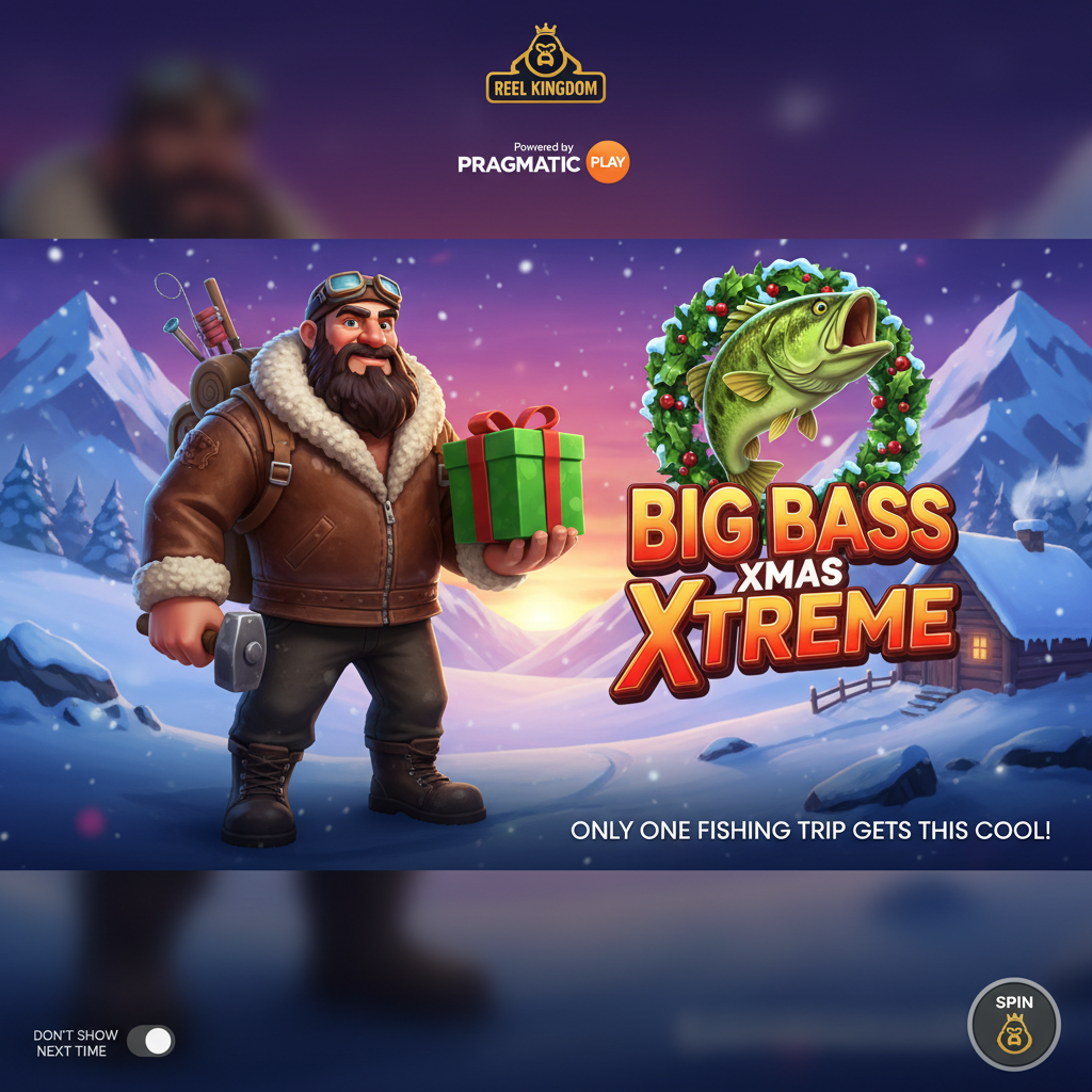 Big Bass Xmas Xtreme slot game featuring Arctic fisherman character with beard and winter gear, Christmas wreath with bass fish, snowy mountain landscape and festive holiday fishing theme