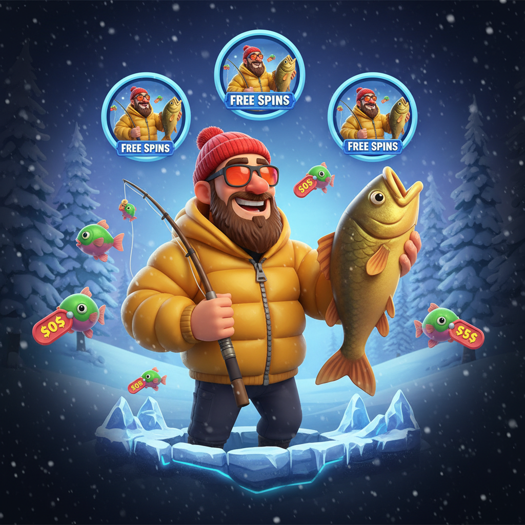 Bigger Bass Blizzard Christmas Catch κουλοχέρης με ψαρά σε χειμωνιάτικο τοπίο, money fish σύμβολα και Free Spins χαρακτηριστικά